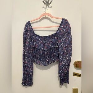 Blue Floral Smocked Long-Sleeve Crop Top